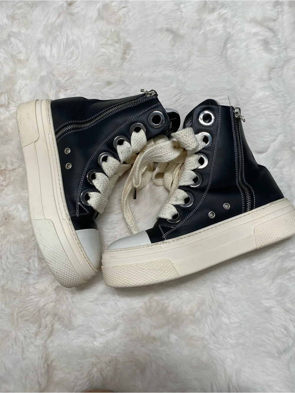 High-Top Platform Lace Sneakers in Black and Cream